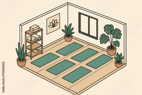 Cozy isometric yoga studio with plants and natural light