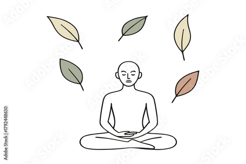 Person meditating peacefully surrounded by falling autumn leaves in a serene setting