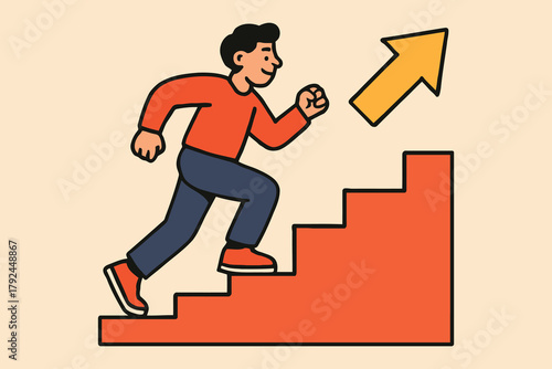 Man running up stairs with an upward arrow indicating progress