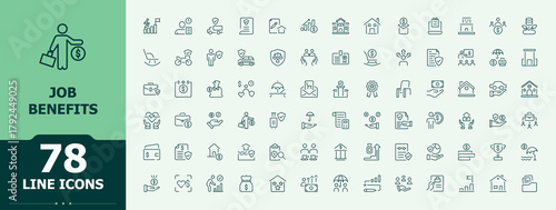 Job Benefits line icon set. Benefit icon set. Contains such symbols as bonus, pension, reward, insurance, assistance, benefit and more. Pictogram and infographic.