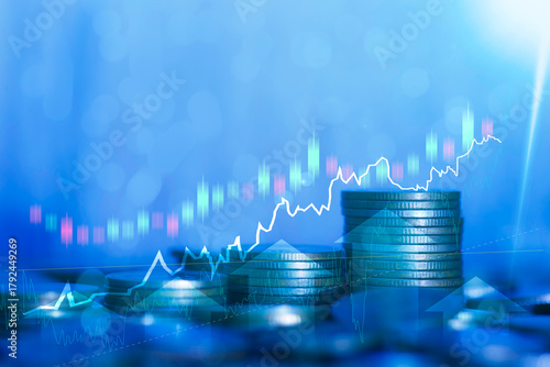 Investment Growth Concept with Stacked Coins and Rising Graph. Stacked coins with upward green arrow and financial graph showing investment growth, profit increase, and financial success concept.