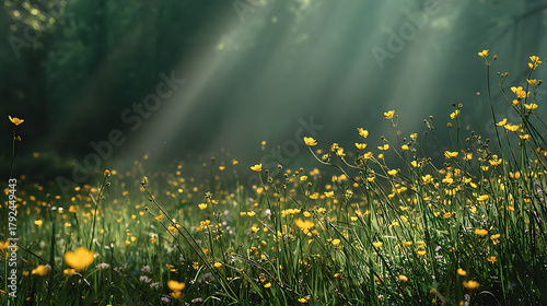 Fototapeta Naklejka Na Ścianę i Meble -  Golden wildflowers bathed in ethereal sunbeams meadow yellow flowers
