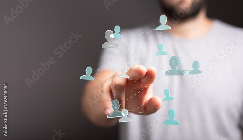 Person connecting with digital network, social connection, community, business partnership, and global interaction. Human contact with the virtu