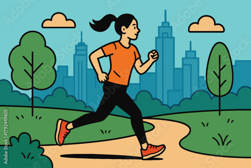 Woman jogging on a park path with city skyline in background