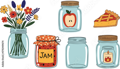 Hand Drawn Illustration Of Jars Of Jam A Slice Of Pie And A Vase Of Wildflowers On A White Background