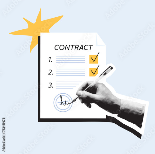 A person s hand signing a contract with a pen. Modern vector collage in halftone. Business agreement and document design concept for banners, posters, and other design projects.
