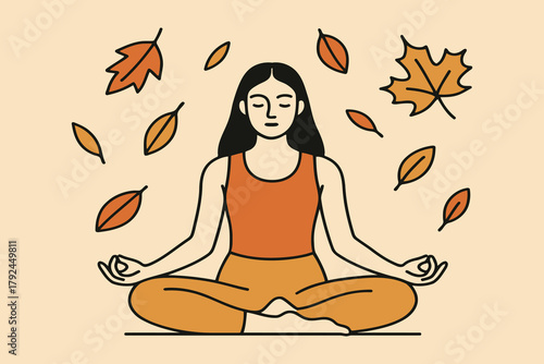 Woman meditating peacefully surrounded by falling autumn leaves in a serene pose