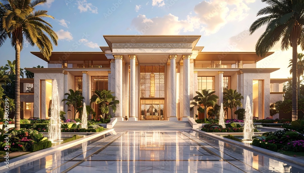 A grand and luxurious architectural masterpiece, featuring elegant modern design with marble facades, golden details, large glass windows, and a wide entrance with majestic pillars