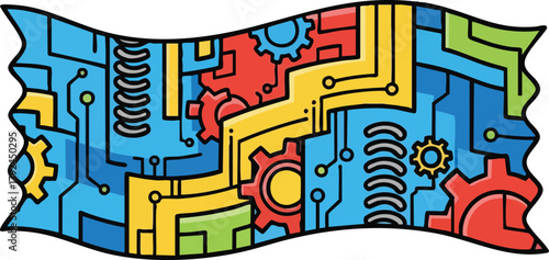 Abstract Illustration of Technological Circuitry With Gears And Coils In Bright Blue Yellow Red And Green Colors