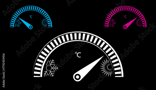 Abstract thermometer measure vector design with indicator, sun snowflake icon on black background. Creative weather meteorology icon, summer, winter, spring, autumn season illustration. 