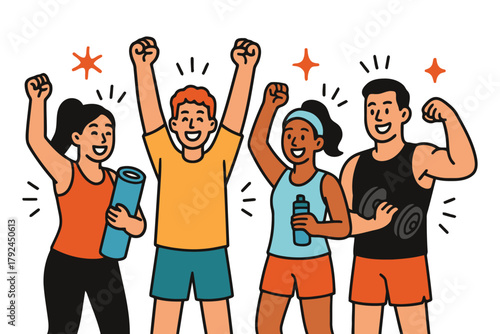 Diverse group of friends celebrating fitness achievements with raised arms