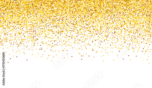 Falling gold shiny glitter horizontal banner in seamless pattern on white background