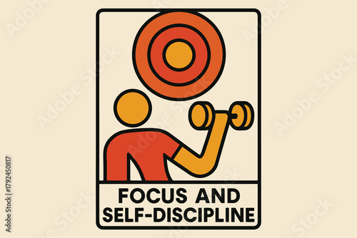 Focus and self discipline icon of person lifting weights towards target