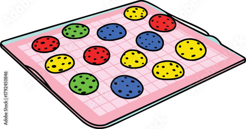 Colorful Round Cookies On A Pink Baking Sheet With A Grid Pattern
