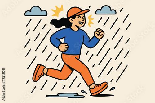 Happy woman running outdoors in the rain with puddles and clouds