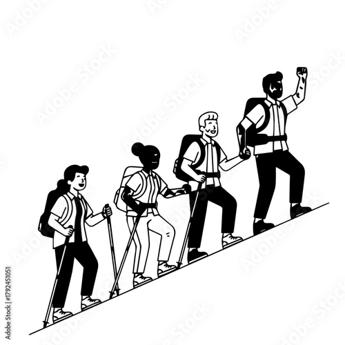 Illustration of a multicultural team of hikers climbing a mountain trail together, symbolizing teamwork, progress, and the spirit of adventure