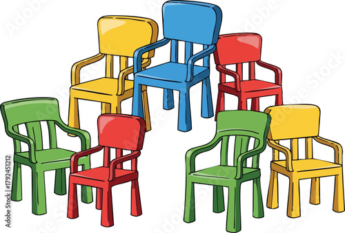 Group Of Colorful Plastic Children Chairs Arranged In A Circle And Triangle Formation On White Background