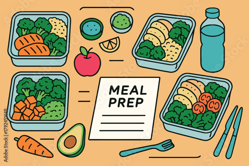 Healthy meal prep containers filled with delicious food and ingredients