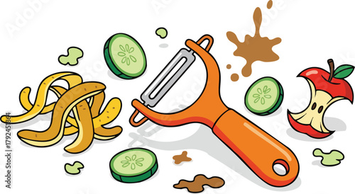 Orange handled vegetable peeler with discarded potato skins sliced cucumbers and a bitten apple on white background