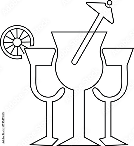 Set of martini and highball cocktail glasses with fruit garnish outline vector illustration