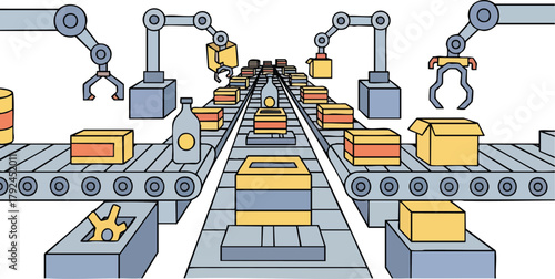 Automated Factory Assembly Line with Robotic Arms Packaging Boxes and Bottles in a Clean Bright Environment