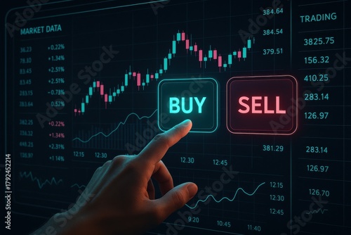 Trader interacting with digital stock market screen, highlighting buy and sell options amidst fluctuating market data. Concept of investment, financial strategy, and real-time trading decisions.