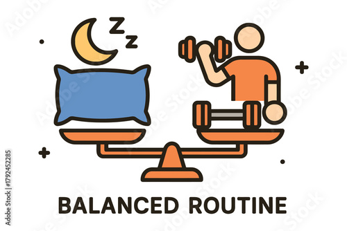 Balanced routine scales sleep and exercise for healthy lifestyle concept