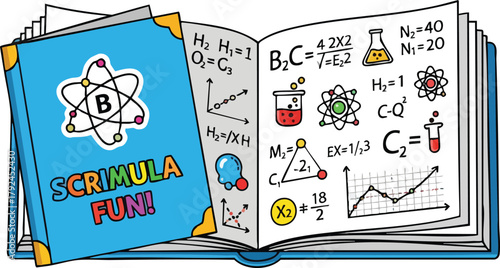 Open Book With Chemistry Equations And Science Symbols On Blue Background With Text