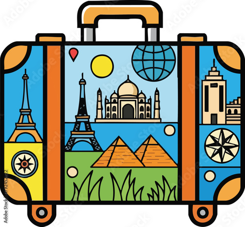 Colorful Open Suitcase Displaying World Landmarks And Travel Icons With Blue Sky And Green Grass Background