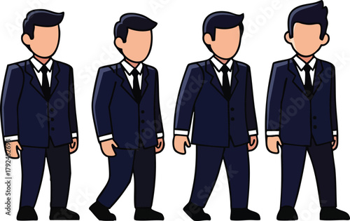Four pixel art men in dark blue suits and white shirts with black ties standing side by side in neutral poses on a white background