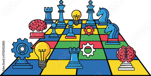 Pixelated Chessboard With Gears Brains And Lightbulbs Representing Strategy And Ideas