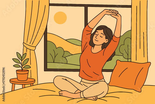 Woman stretching in bed with a beautiful sunrise view outside window