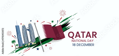 “Qatar National Day Vector : Minimalist Doha Skyline with Flowing Maroon Flag & Falcon Accents