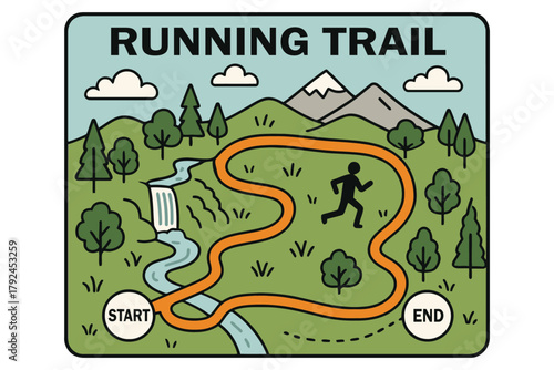Cartoon running trail map illustrating outdoor sport and adventure