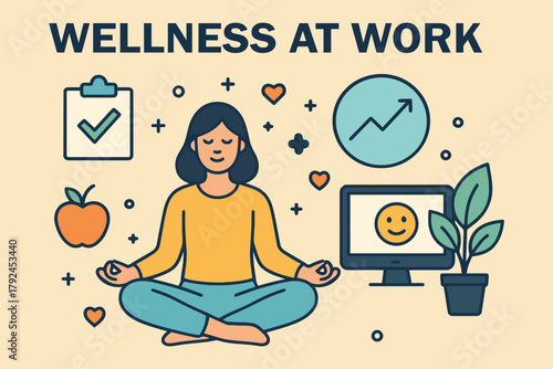 Woman meditating at her desk promoting wellness at work