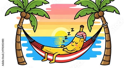 Banana cartoon character relaxing in a hammock on a tropical beach during sunset concept