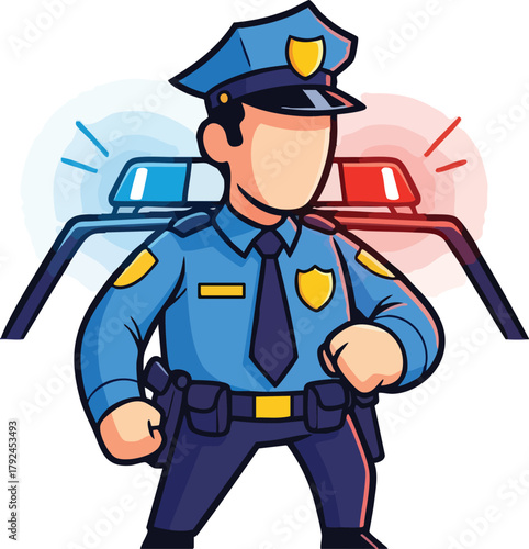 Cartoon Police Officer Standing With Red and Blue Flashing Lights Behind Him