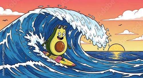 Cartoon Avocado Surfer Riding a Big Wave at Sunset over the Ocean Illustration