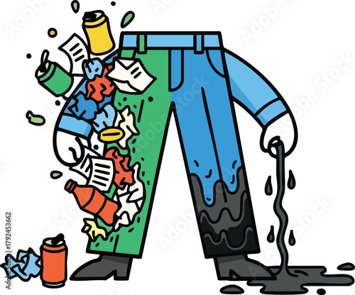 Cartoon Character Depicting Environmental Pollution With Trash And Oil Spill