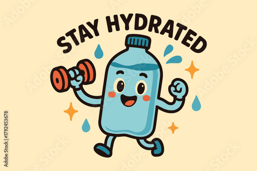 Cute cartoon water bottle character exercising and staying hydrated