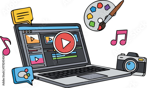 Digital media creation and editing on a laptop with editing timeline and video player interface surrounded by art supplies and music notes