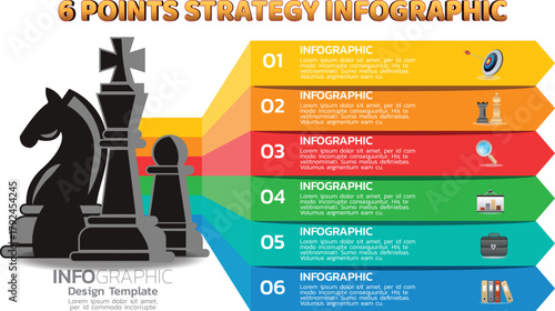Colorful Infographic Template with Chess Pieces and Stacked Rainbow Info Bars Representing Strategy, Leadership, and Business Growth Visualization