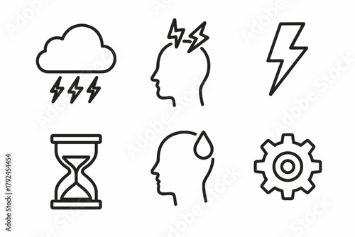 Weather and stress symbols: cloud, lightning, hourglass, gear, head icons