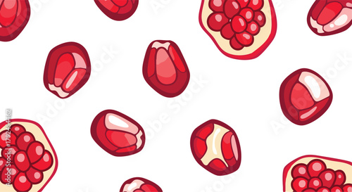 Pixel Art Pomegranate Seeds and Halves Scattered Against a White Background A Playful Abstract Fruit Design