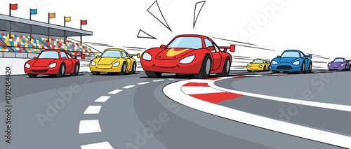 Racing Cars Compete On Track With Grandstands Under Bright Sky