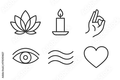Minimalist yoga and meditation symbols: lotus, candle, hand, eye, waves, heart