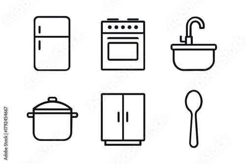 Minimalist kitchen appliance icons: fridge, oven, sink, pot, cabinet, spoon