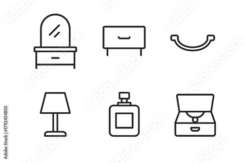 Minimalist home icons: vanity, drawer, handle, lamp, perfume, jewelry box