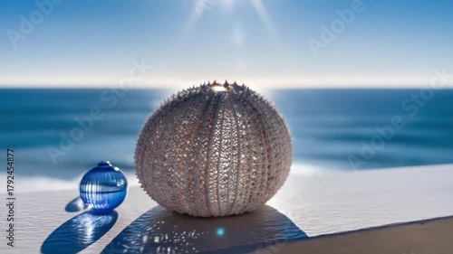 A still life of a sea urchin and glass spheres on a white surface with the ocean background