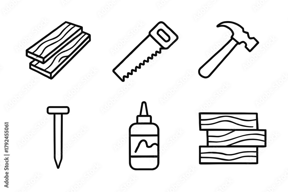Fototapeta premium Construction tools and materials: saw, hammer, wood planks, nail, glue bottle icons